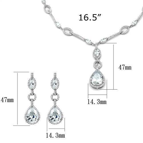3W1247 Rhodium Brass Jewelry Set featuring AAA Grade CZ stones in clear, showcasing elegant design and sparkling brilliance.
