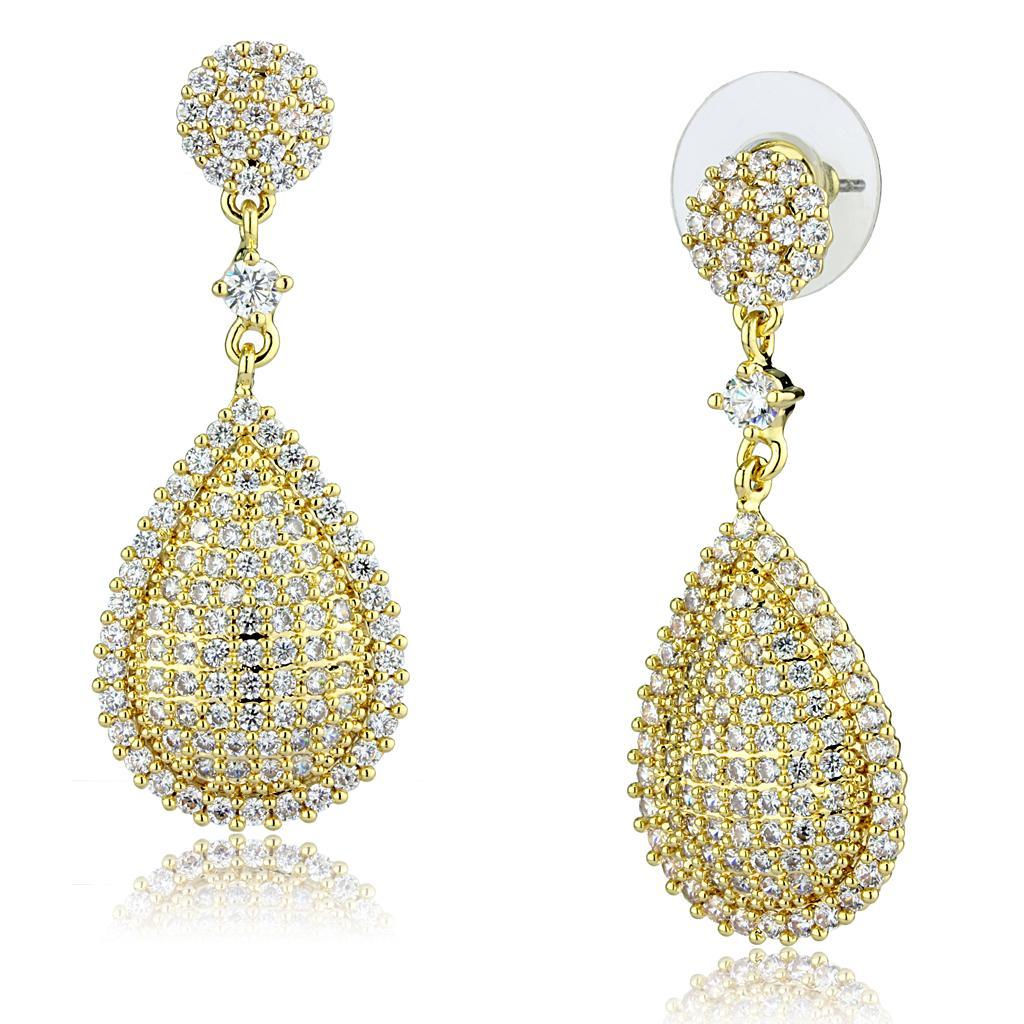 Elegant gold brass earrings featuring clear AAA Grade CZ stones, perfect for any occasion.