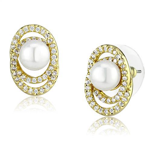 Elegant 3W1262 Gold Brass Earrings featuring a white synthetic pearl centerpiece, perfect for stylish occasions.
