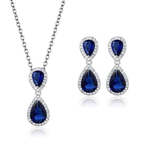 3W1264 Rhodium Brass Jewelry Set featuring synthetic glass center stone in Montana color, elegantly designed for stylish wear.