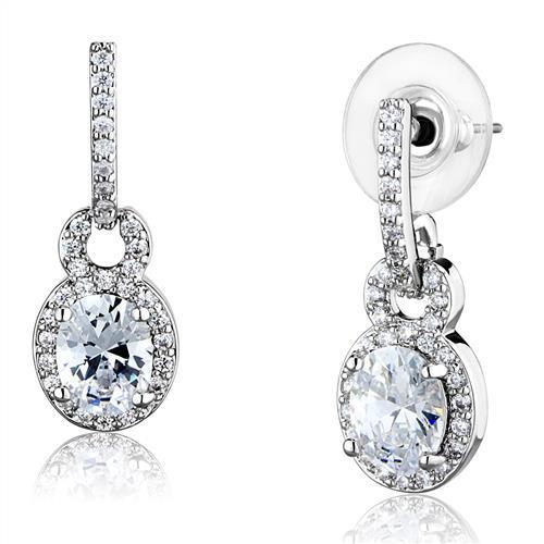 Elegant 3W1276 Rhodium Brass Earrings featuring a clear AAA Grade CZ stone, showcasing a luxurious design.