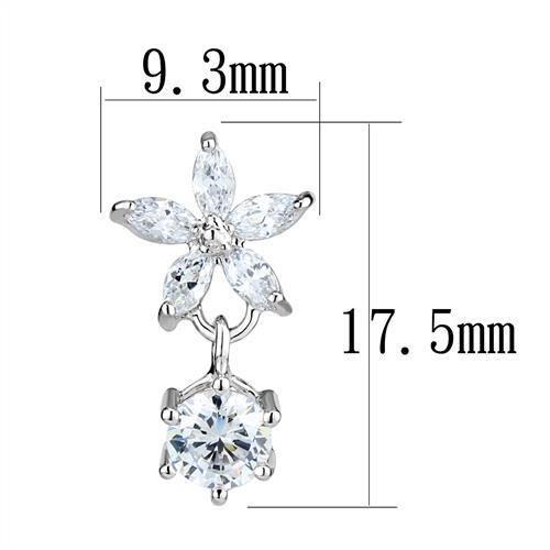 Elegant 3W1281 Rhodium Brass Earrings featuring AAA Grade CZ in Clear, showcasing their stunning design and sparkle.