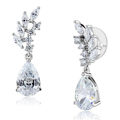 Elegant 3W1282 Rhodium Brass Earrings featuring a clear AAA Grade CZ stone, showcasing a luxurious design.