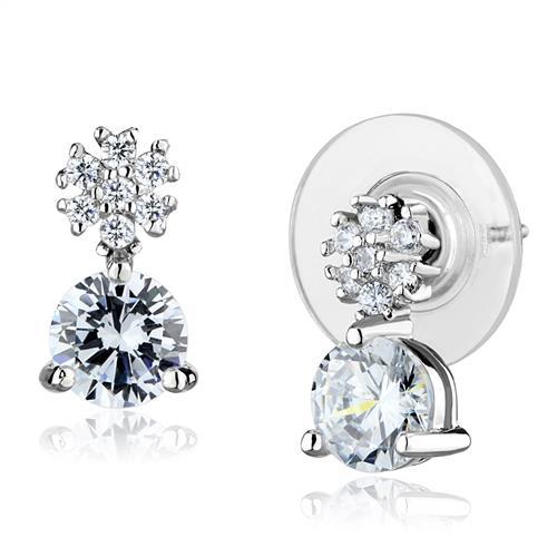 Elegant 3W1283 Rhodium Brass Earrings featuring AAA Grade Clear CZ stone, showcasing a luxurious design.