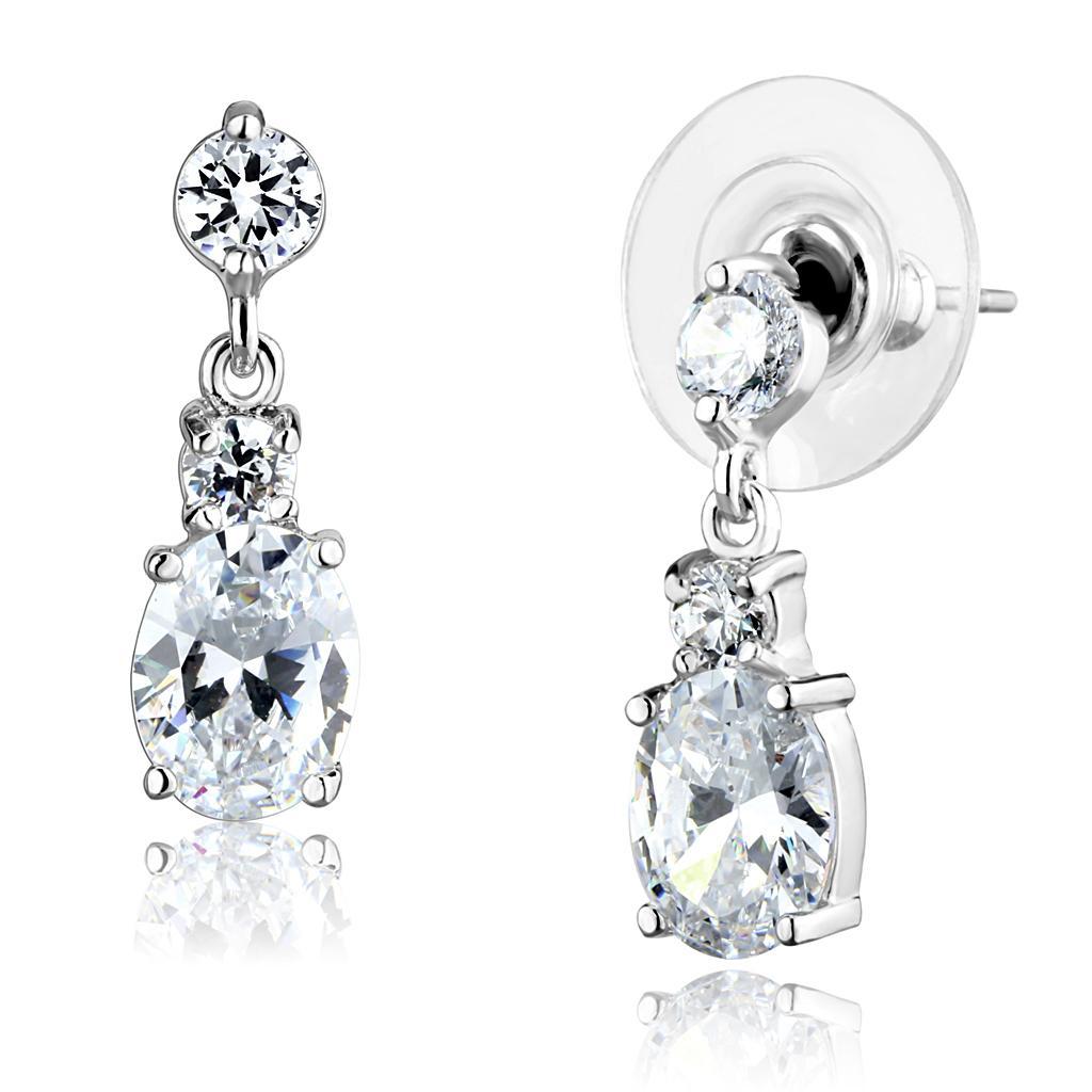 Elegant Rhodium Brass Earrings featuring AAA Grade Clear CZ stone, showcasing a luxurious design perfect for any occasion.