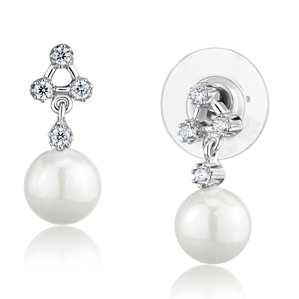 Elegant 3W1295 Rhodium Brass Earrings featuring a white synthetic pearl, showcasing a shiny finish and lightweight design.