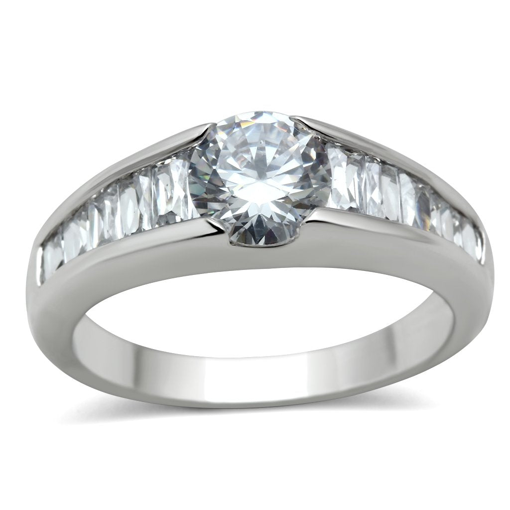 3W133 Rhodium Brass Ring featuring a clear AAA Grade CZ stone, showcasing its elegant design and shiny finish.