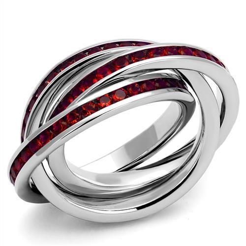 3W1333 Rhodium Brass Ring featuring vibrant Siam synthetic glass, showcasing its elegant design and luxurious finish.