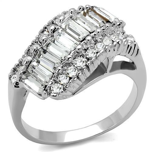 3W1306 Rhodium Brass Ring featuring a clear top grade crystal, showcasing its elegant design and shiny finish.