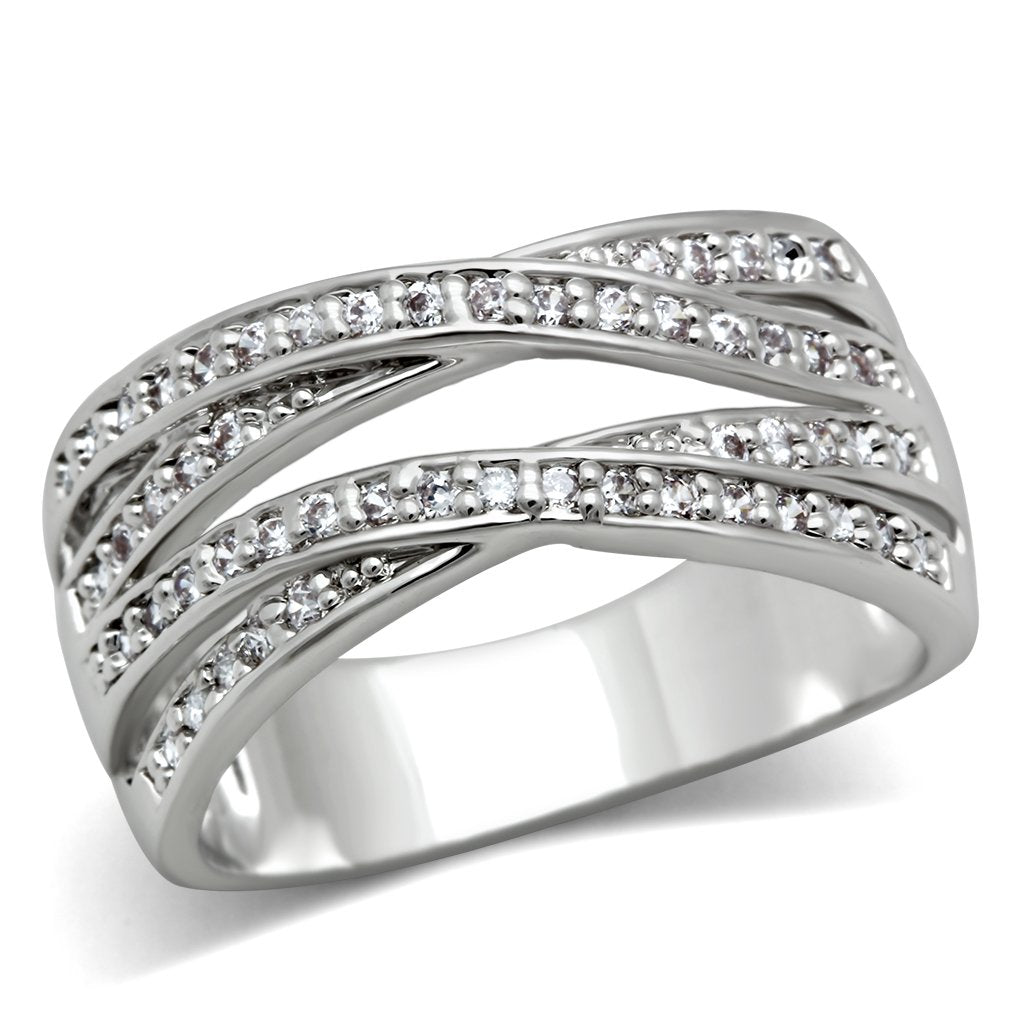 Elegant 3W131 Rhodium Brass Ring featuring a clear AAA Grade CZ stone, showcasing its luxurious design and shine.