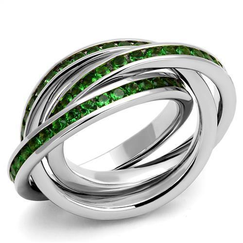 3W1332 Rhodium Brass Ring featuring a synthetic emerald glass stone, showcasing its elegant design and vibrant color.