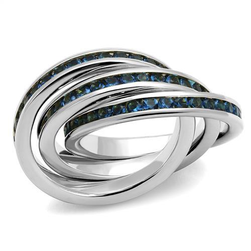 3W1334 Rhodium Brass Ring featuring a Montana synthetic glass stone, showcasing its elegant design and luxurious finish.