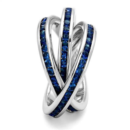 3W1334 Rhodium Brass Ring featuring a Montana synthetic glass stone, showcasing its elegant design and luxurious finish.