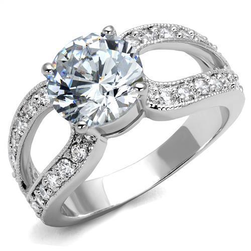 3W1348 Rhodium Brass Ring featuring a clear AAA Grade CZ stone, showcasing its elegant design and shiny finish.