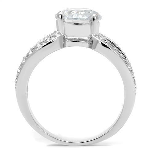 3W1348 Rhodium Brass Ring featuring a clear AAA Grade CZ stone, showcasing its elegant design and shiny finish.