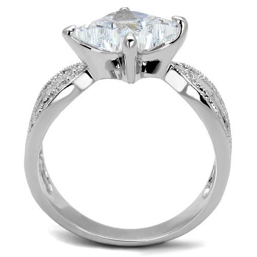 3W1350 Rhodium Brass Ring featuring a clear AAA Grade CZ stone, showcasing its elegant design and luxurious finish.
