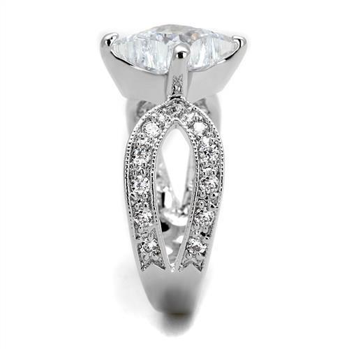 3W1350 Rhodium Brass Ring featuring a clear AAA Grade CZ stone, showcasing its elegant design and luxurious finish.