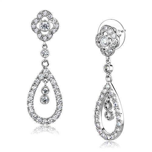 Elegant 3W1351 Rhodium Brass Earrings featuring AAA Grade Clear CZ stone, showcasing a luxurious design.