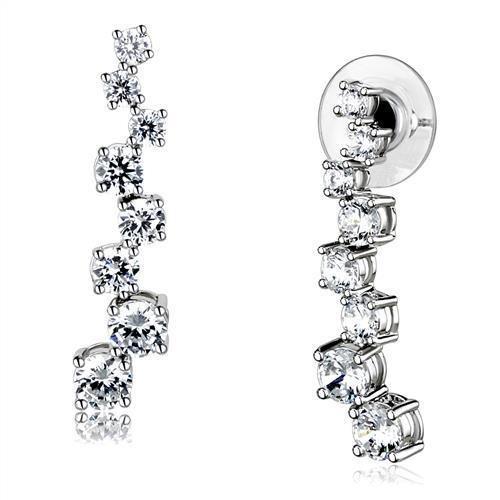 Elegant 3W1352 Rhodium Brass Earrings featuring a clear AAA Grade CZ stone, showcasing a luxurious design.
