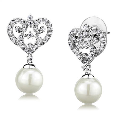 Elegant 3W1353 Rhodium Brass Earrings featuring a white synthetic pearl, showcasing a polished finish.