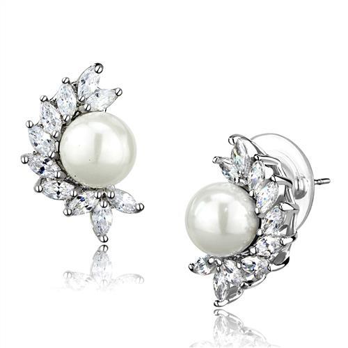 Elegant 3W1354 Rhodium Brass Earrings featuring a white synthetic pearl, showcasing a luxurious design.