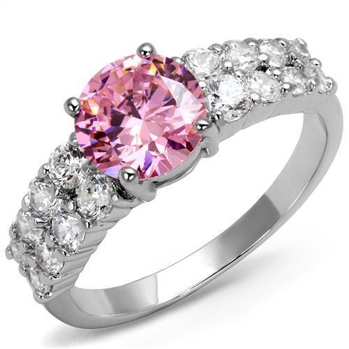 3W1361 Rhodium Brass Ring featuring a stunning AAA Grade CZ center stone in rose color, showcasing elegance and sophistication.