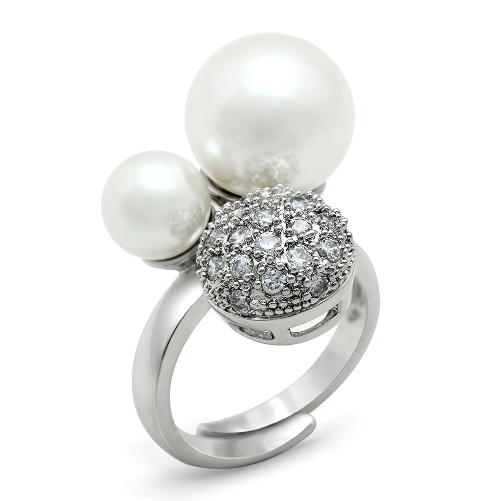 Rhodium brass ring featuring a synthetic white pearl, elegantly designed for sophistication.