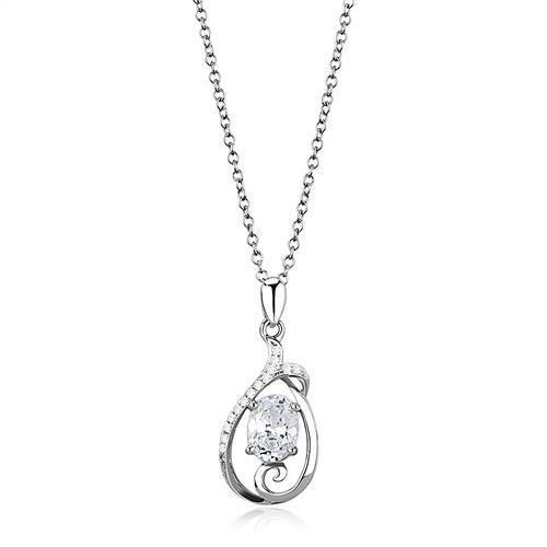 Elegant 3W1375 Rhodium 925 Sterling Silver Chain Pendant featuring a clear AAA Grade CZ stone, showcasing its intricate design and shine.