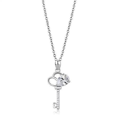3W1380 Rhodium 925 Sterling Silver Chain Pendant featuring AAA Grade Clear CZ stone, showcasing its elegant design and high-quality materials.