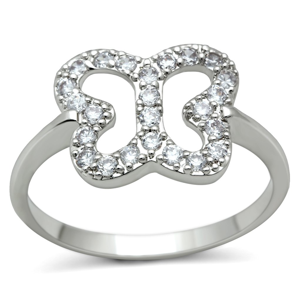 3W139 Rhodium Brass Ring featuring AAA Grade CZ stones, showcasing its elegant design and clear sparkling stones.