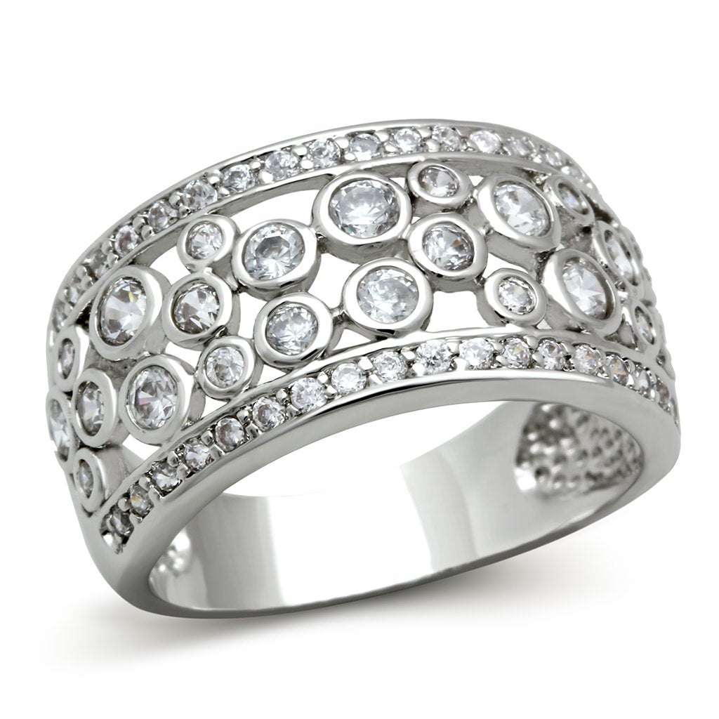 3W141 Rhodium Brass Ring featuring a clear AAA Grade CZ stone, showcasing its elegant design and luxurious finish.