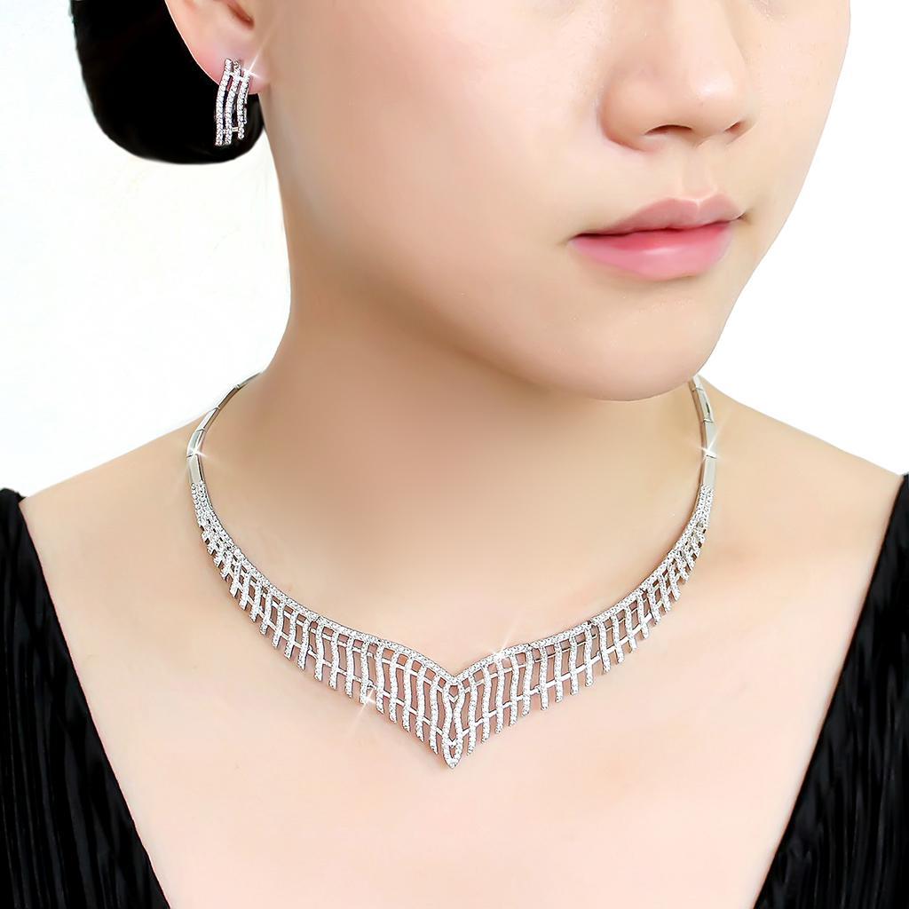 3W1412 Rhodium Brass Jewelry Set featuring AAA Grade Clear CZ stones, showcasing elegant design and luxurious finish.