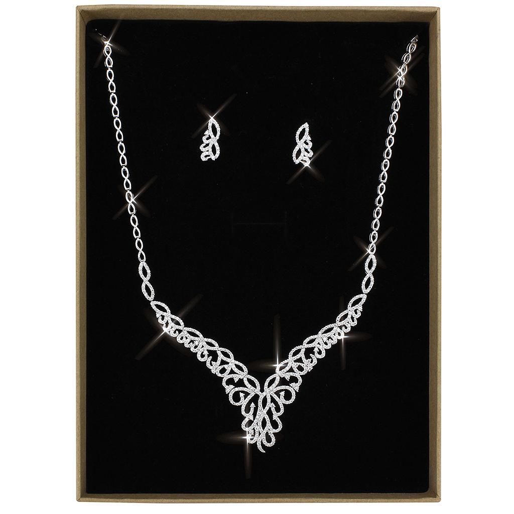 3W1414 Rhodium Brass Jewelry Set featuring AAA Grade CZ in Clear, showcasing its elegant design and sparkling center stone.
