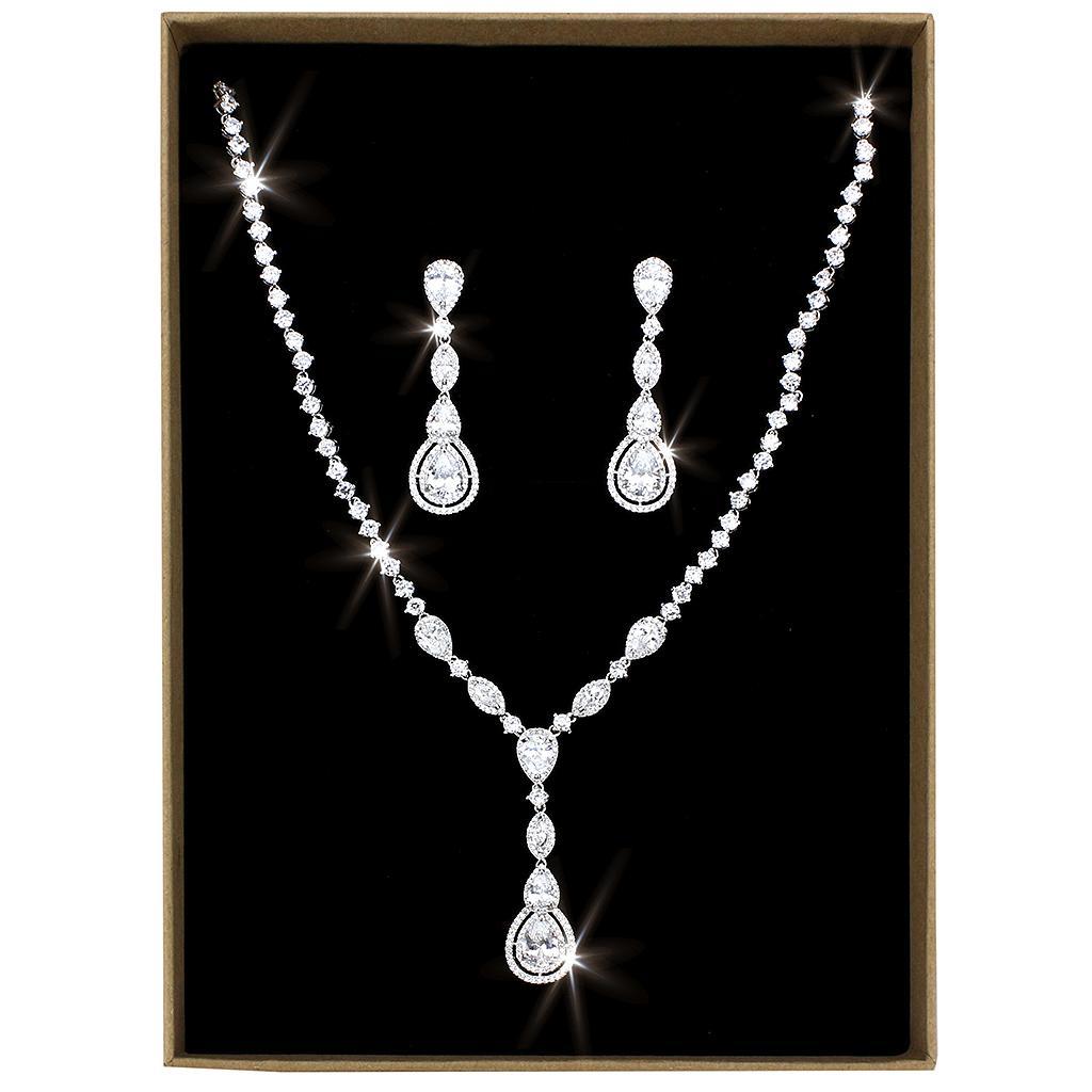 3W1422 Rhodium Brass Jewelry Set featuring AAA Grade Clear CZ stones, showcasing elegance and shine.
