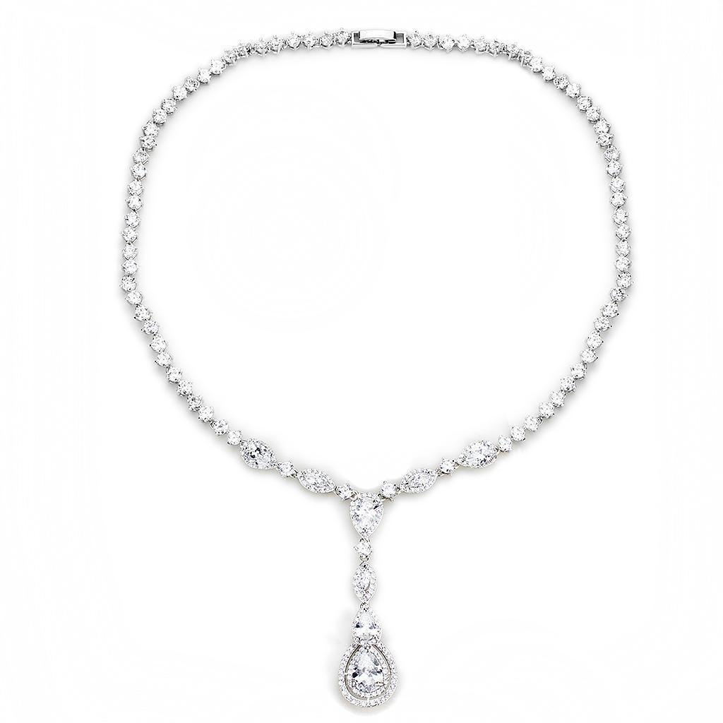 3W1422 Rhodium Brass Jewelry Set featuring AAA Grade Clear CZ stones, showcasing elegance and shine.
