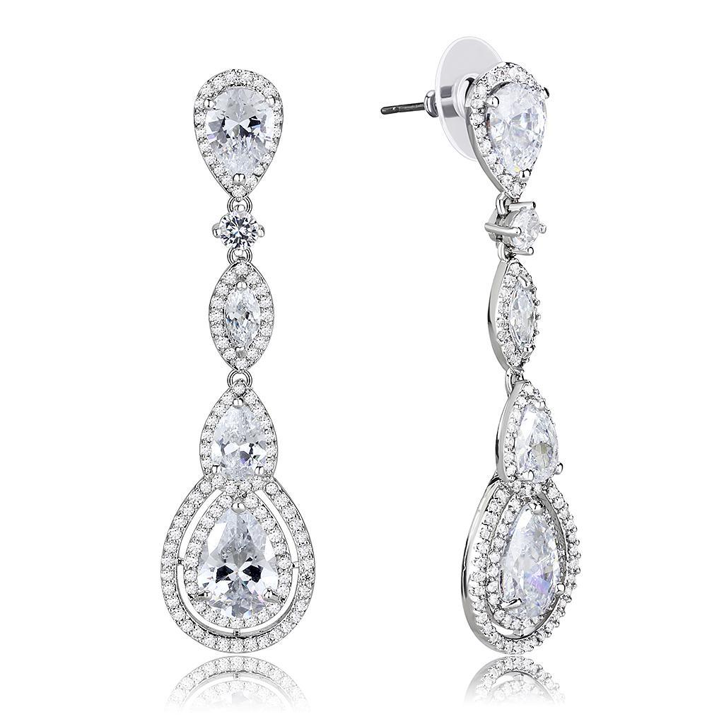 3W1422 Rhodium Brass Jewelry Set featuring AAA Grade Clear CZ stones, showcasing elegance and shine.