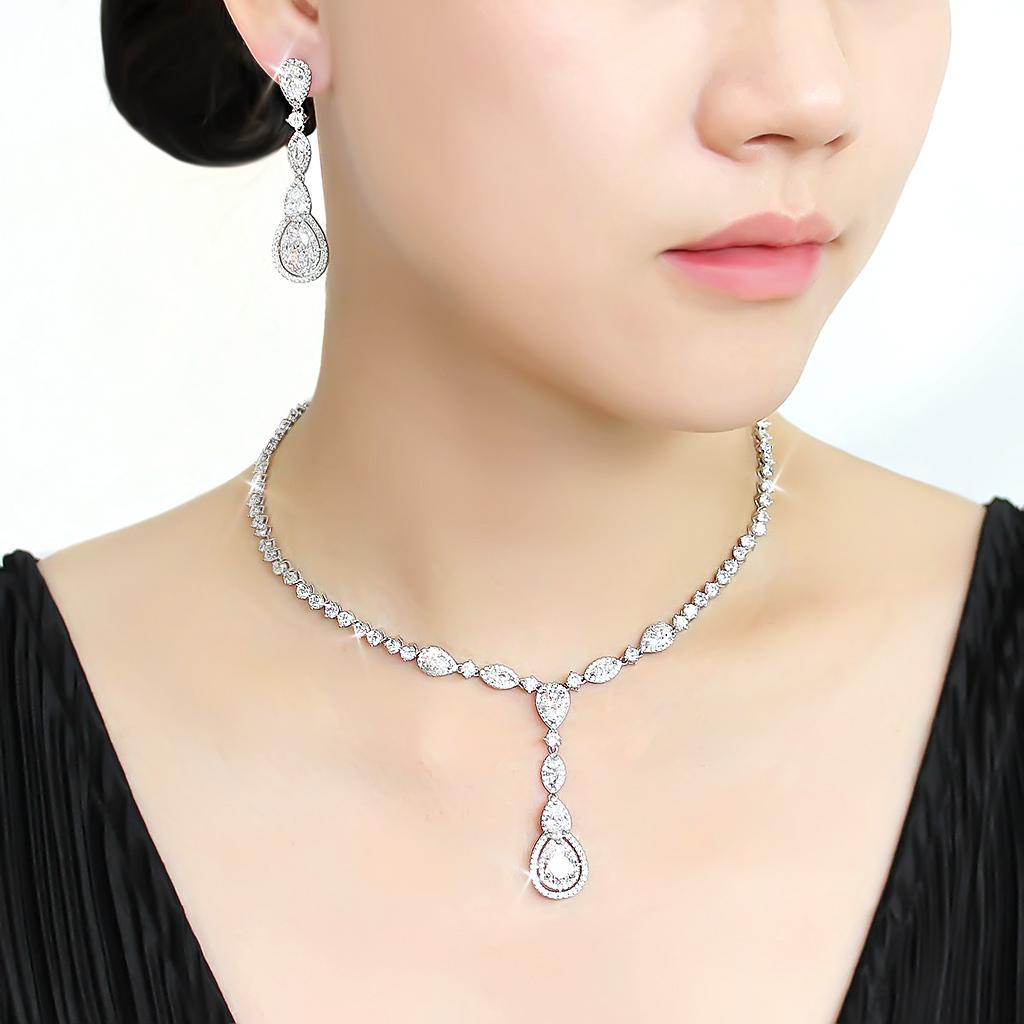 3W1422 Rhodium Brass Jewelry Set featuring AAA Grade Clear CZ stones, showcasing elegance and shine.