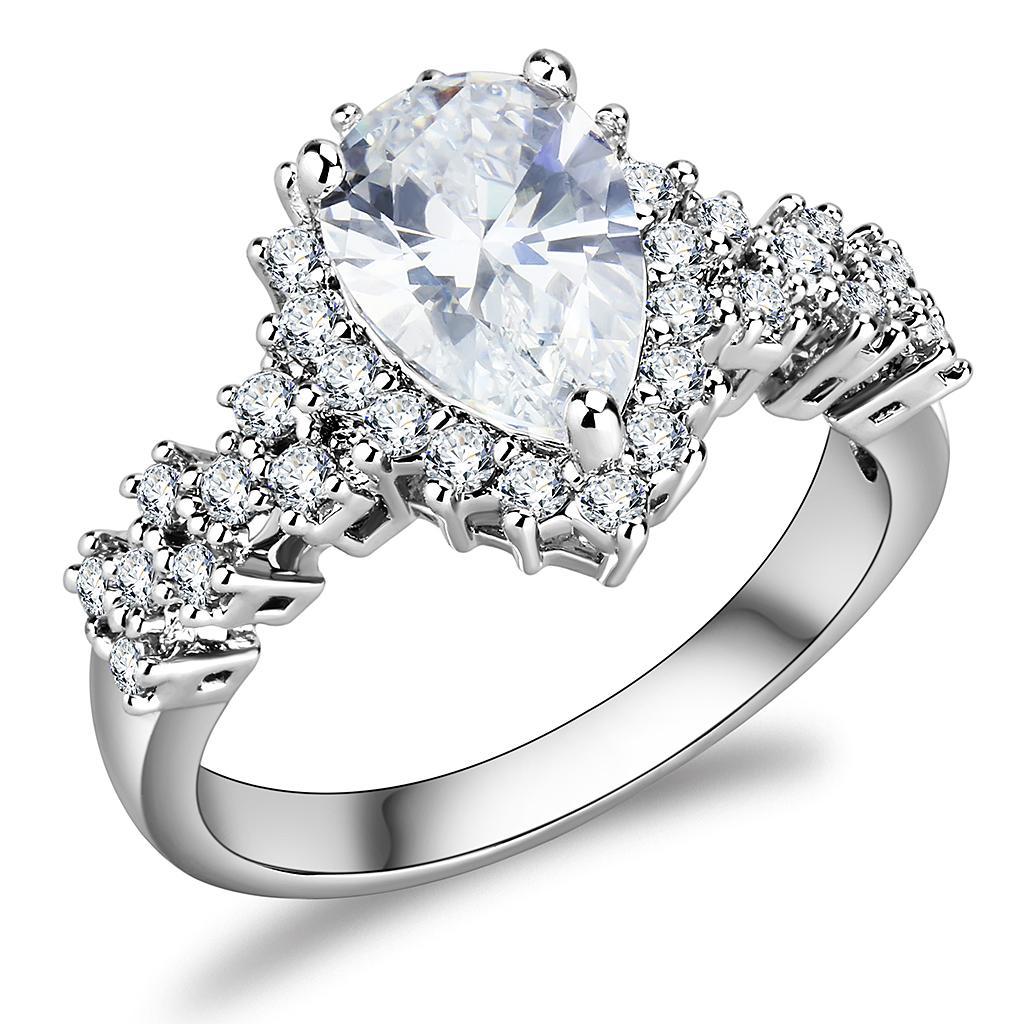 3W1442 Rhodium Brass Ring featuring a clear AAA Grade CZ stone, showcasing its elegant design and luxurious finish.