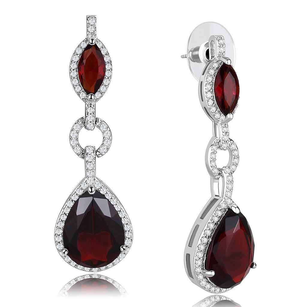 3W1423 Rhodium Brass Jewelry Set featuring synthetic glass stone in garnet color, elegantly designed for stylish occasions.