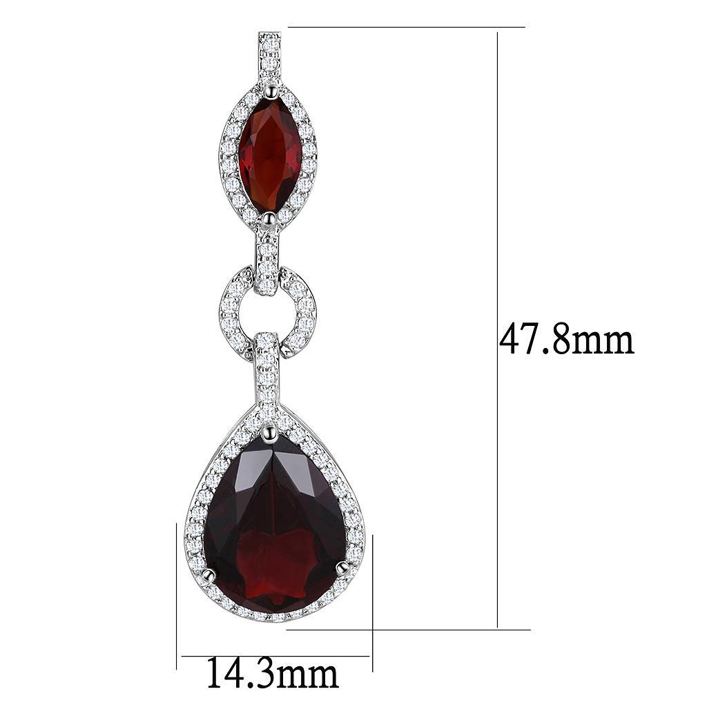 3W1423 Rhodium Brass Jewelry Set featuring synthetic glass stone in garnet color, elegantly designed for stylish occasions.