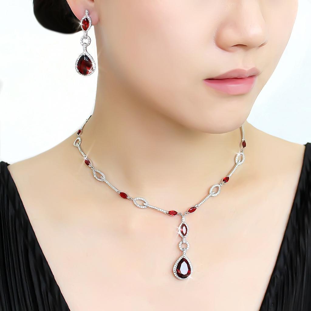3W1423 Rhodium Brass Jewelry Set featuring synthetic glass stone in garnet color, elegantly designed for stylish occasions.