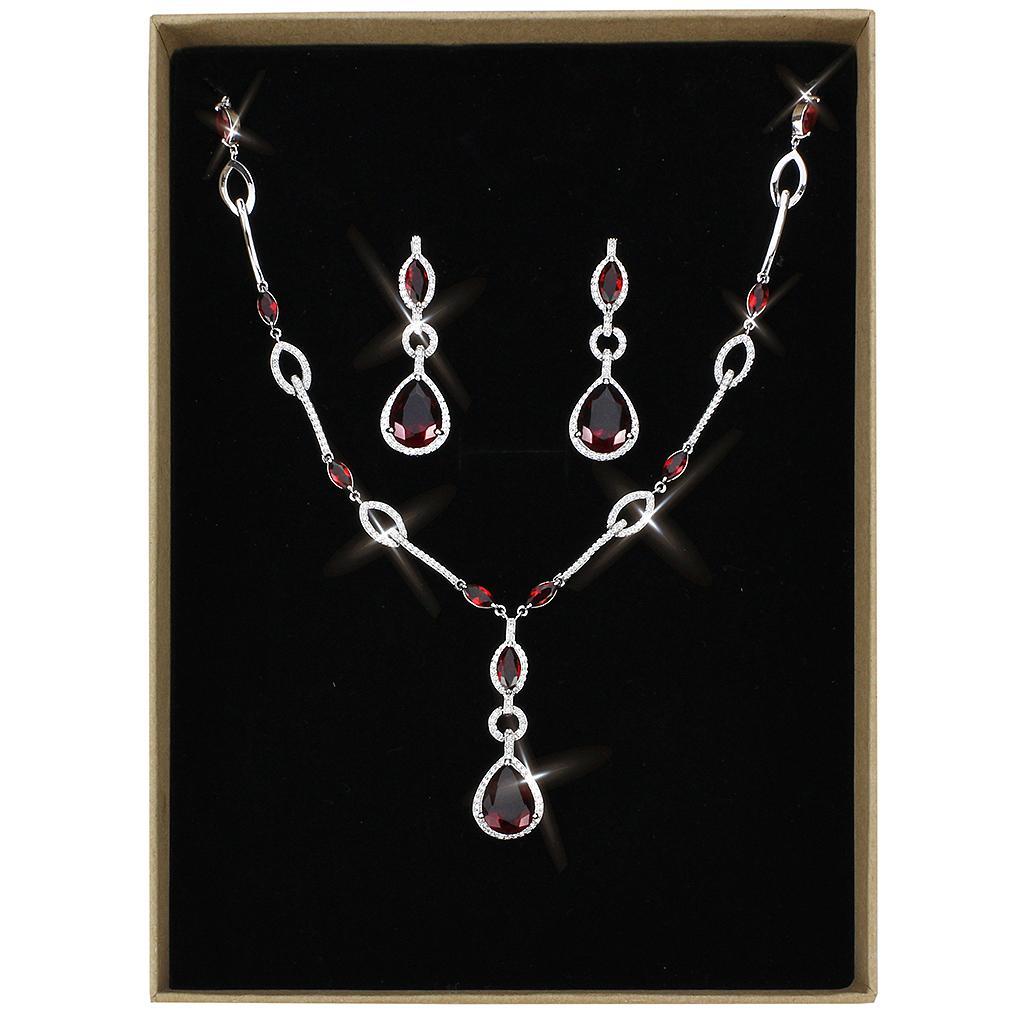 3W1423 Rhodium Brass Jewelry Set featuring synthetic glass stone in garnet color, elegantly designed for stylish occasions.