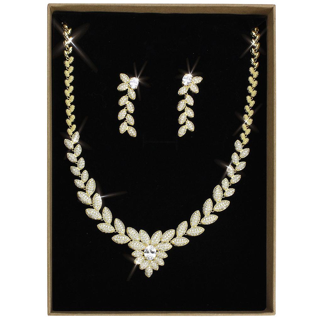 3W1425 Gold Brass Jewelry Set featuring AAA Grade Clear CZ stones, elegantly designed for a luxurious look.