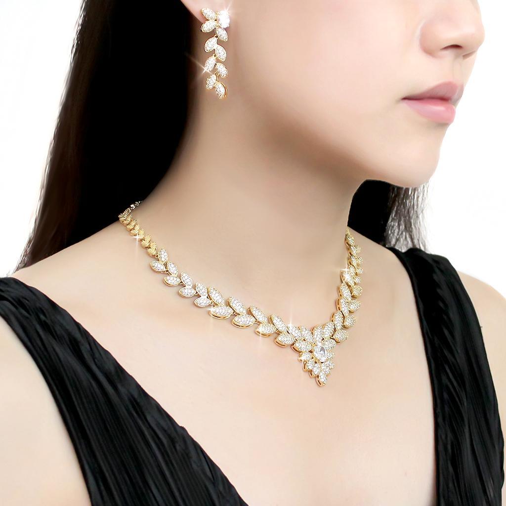 3W1425 Gold Brass Jewelry Set featuring AAA Grade Clear CZ stones, elegantly designed for a luxurious look.