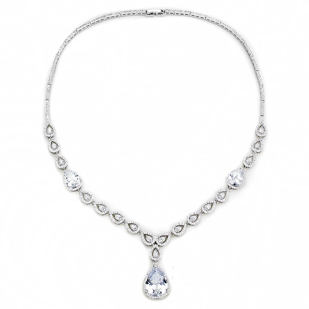 Elegant 3W1427 Rhodium Brass Jewelry Set featuring AAA Grade CZ stones in clear, showcasing its intricate design and sparkling finish.