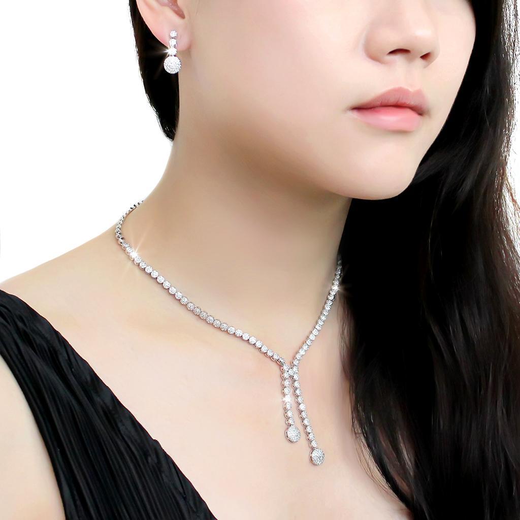 3W1428 Rhodium Brass Jewelry Set featuring AAA Grade Clear CZ stones, elegantly designed for special occasions.