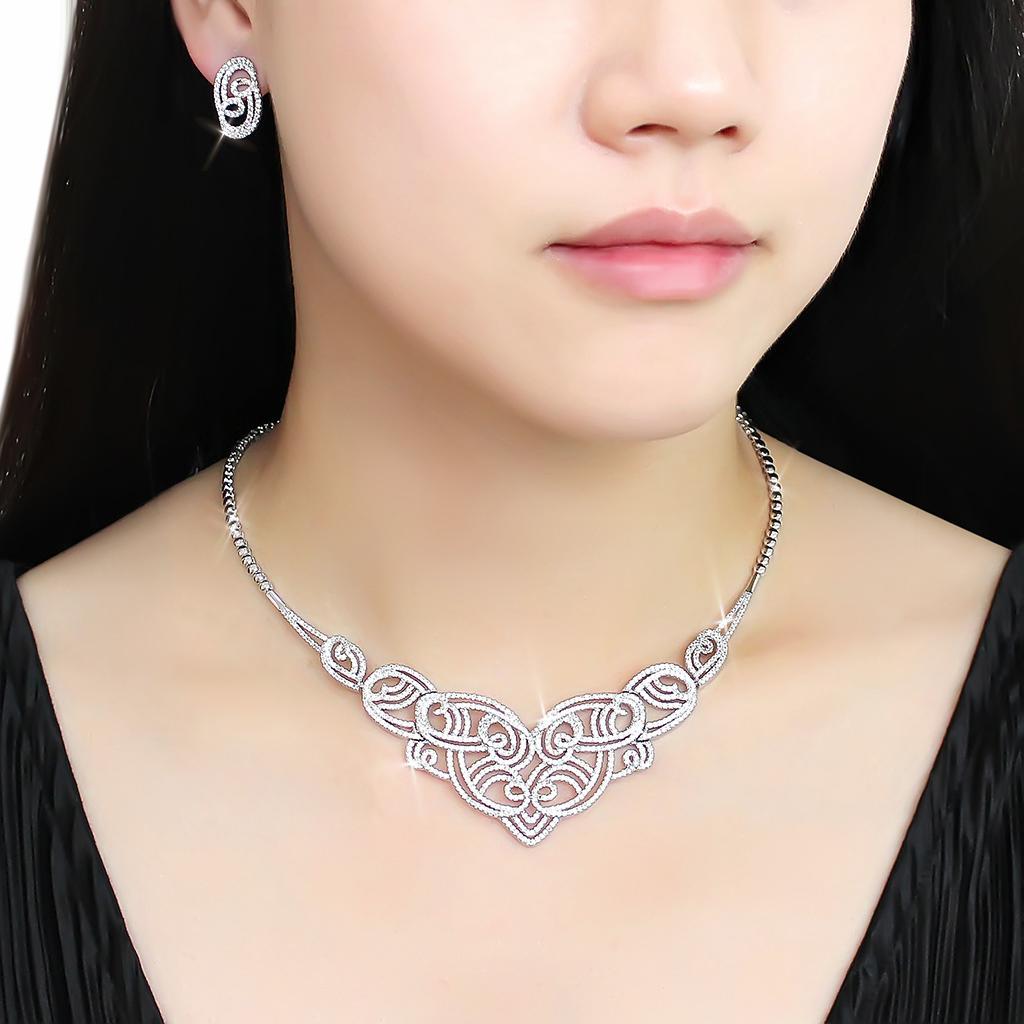 3W1433 Rhodium Brass Jewelry Set featuring AAA Grade CZ in Clear, showcasing its elegant design and sparkling center stone.