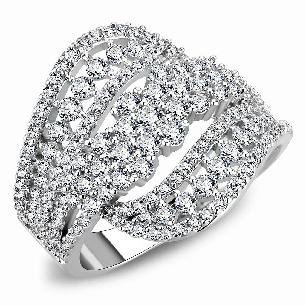 3W1445 Rhodium Brass Ring featuring a clear AAA Grade CZ stone, showcasing its elegant design and luxurious finish.
