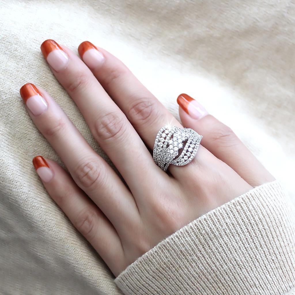 3W1445 Rhodium Brass Ring featuring a clear AAA Grade CZ stone, showcasing its elegant design and luxurious finish.