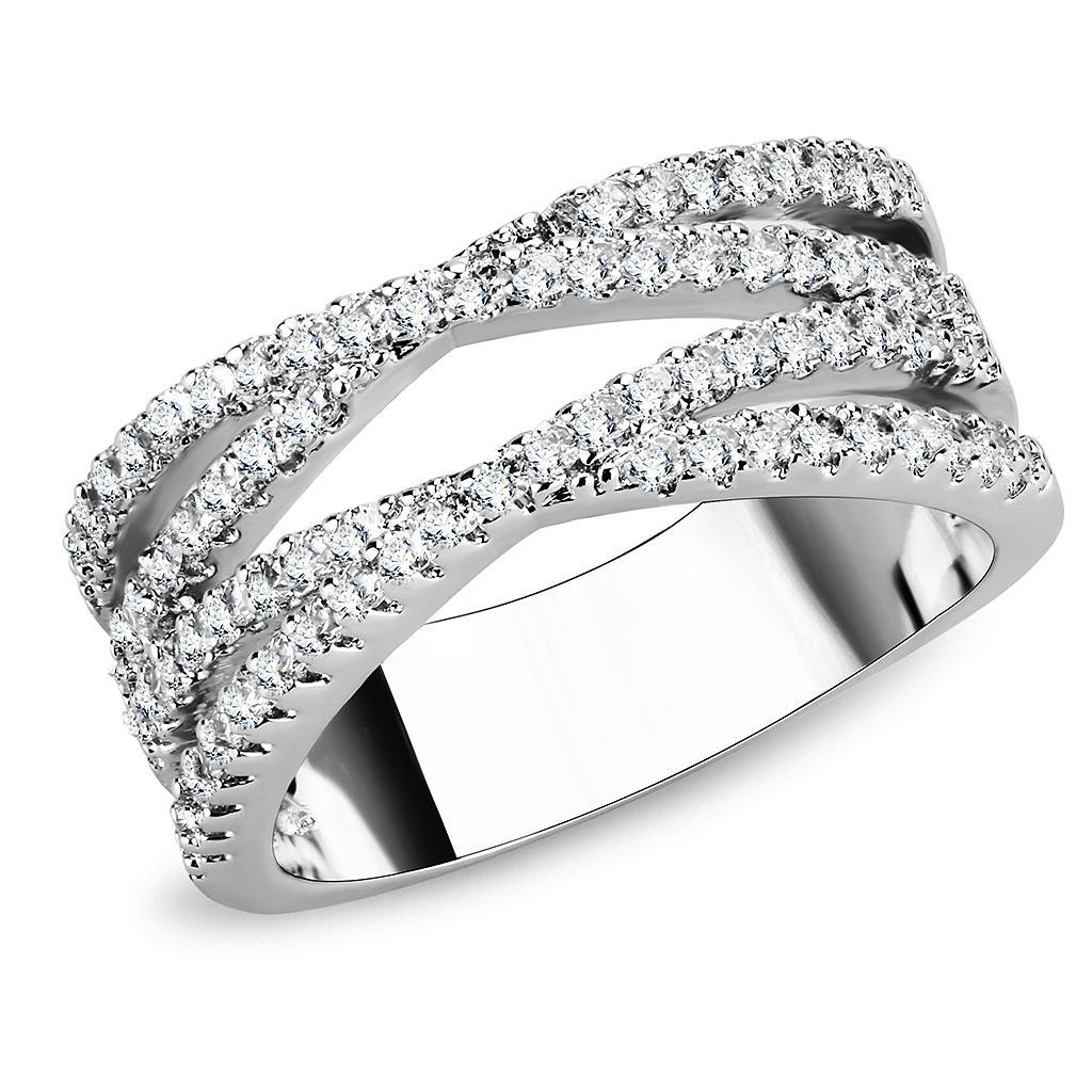 3W1450 Rhodium Brass Ring featuring a clear AAA Grade CZ stone, showcasing its elegant design and luxurious finish.